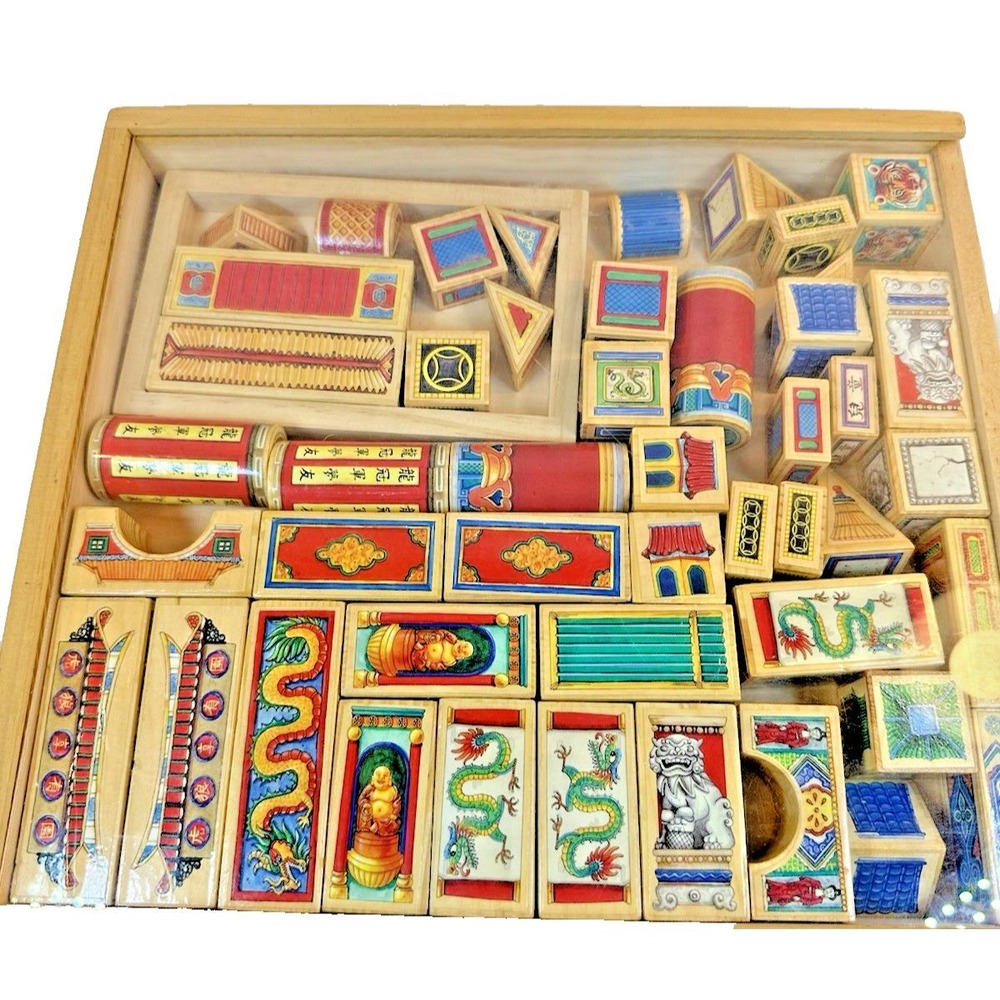 Vtg TS Shure ArchiQuest Dragons Pagodas Wooden Block Set 50 Pc Complete No Book